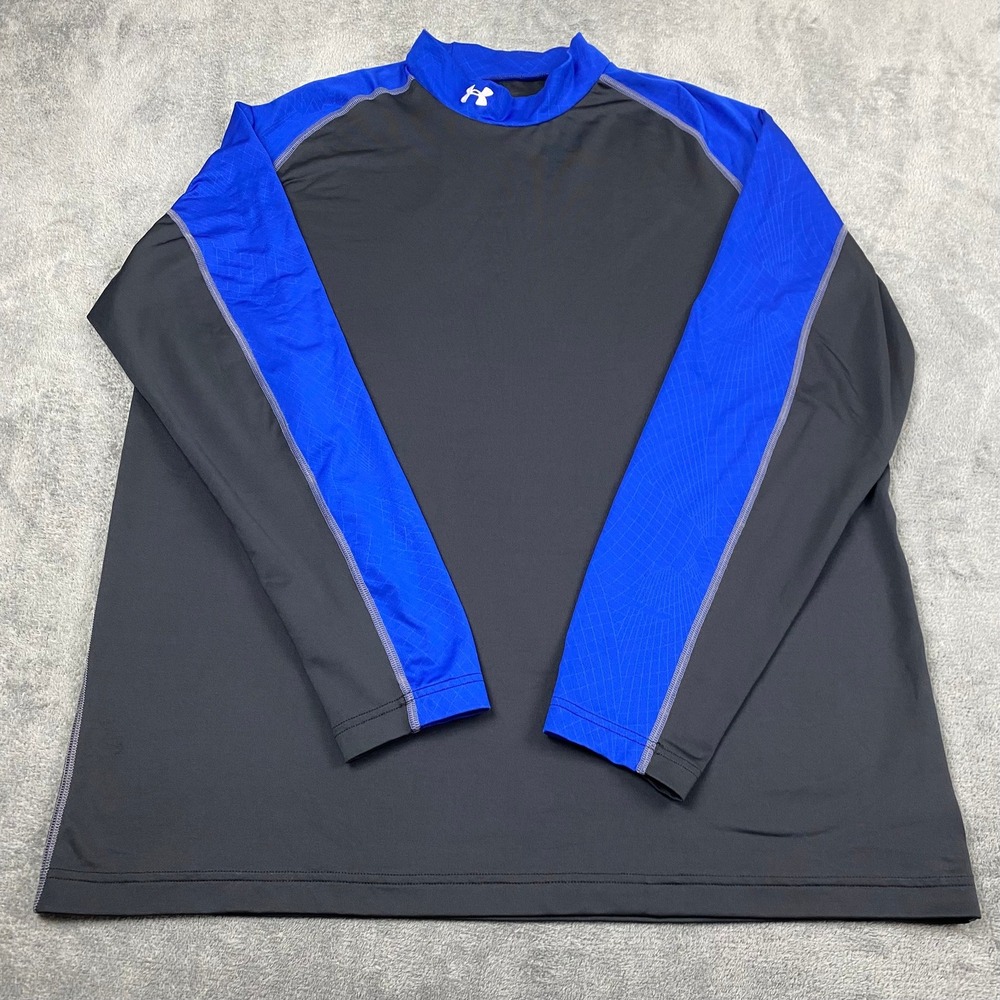 Under Armour Mens 2XL ColdGear Mock Neck Shirt Grey Blue Fitted Long Sleeve